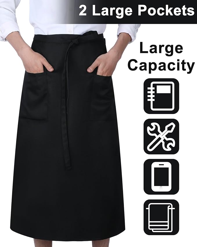 Xtinmee 4 Pcs Bistro Aprons 2 Pockets 32 Inch Waterproof Half Waist Black - Image 2