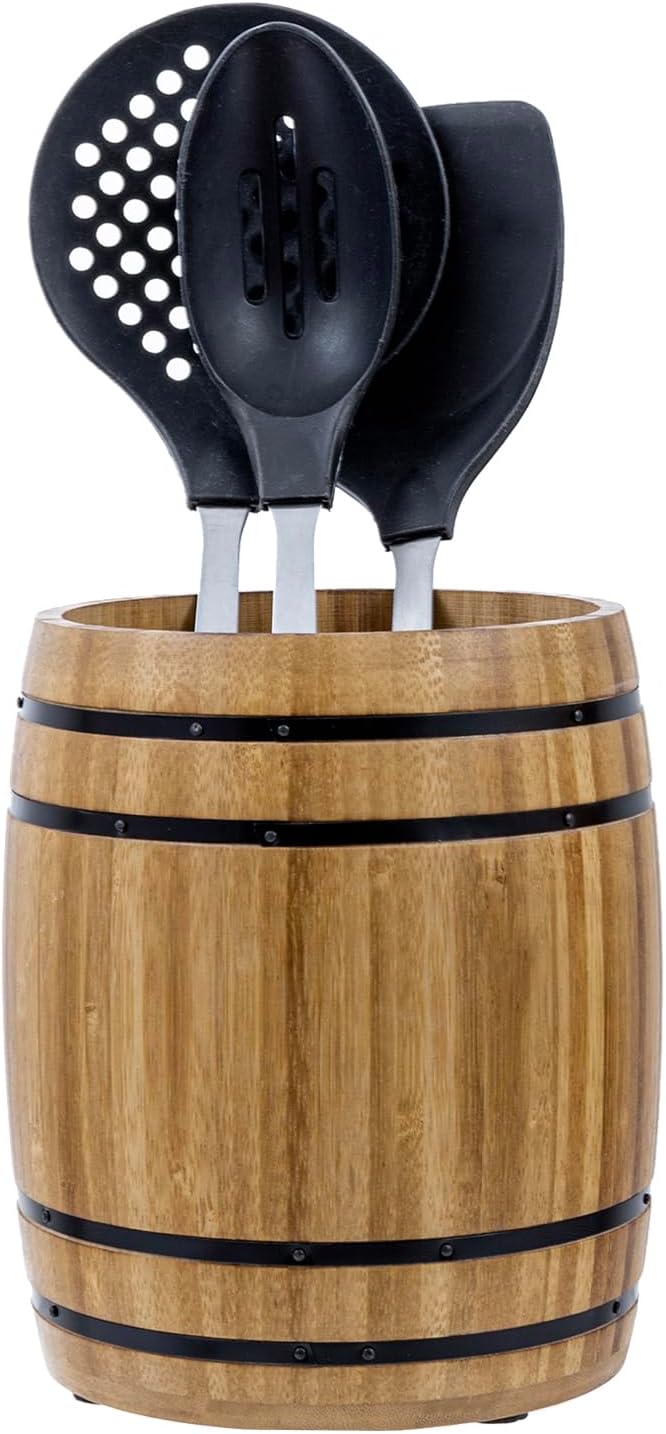 MyGift Wine Barrel Design Kitchen Utensil Crock, Light Brown Solid Bamboo Wood by MyGiftHome