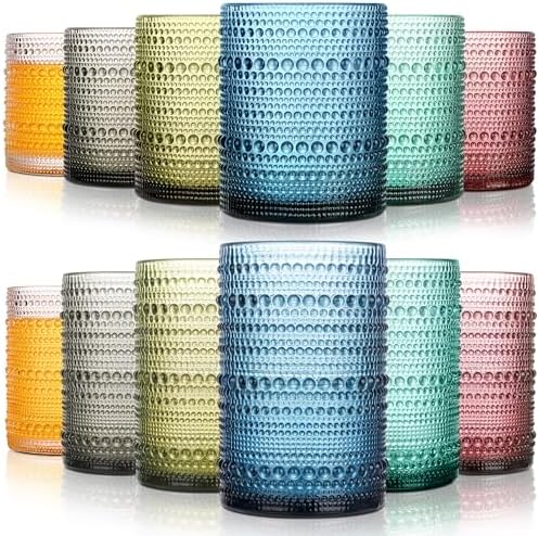KMIGRUAN Colored Hobnail Drinking Glasses Set of 12,15oz&12oz Vintage