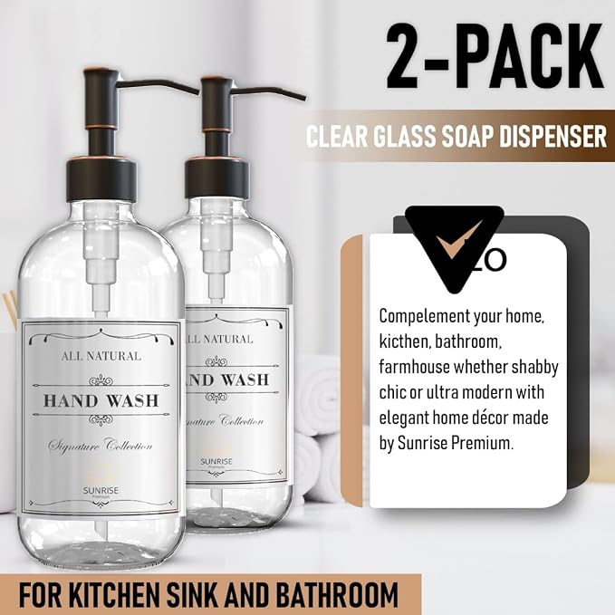 Sunrise Premium 2 Pack Clear Glass Soap Dispenser 16 OZ - Image 4