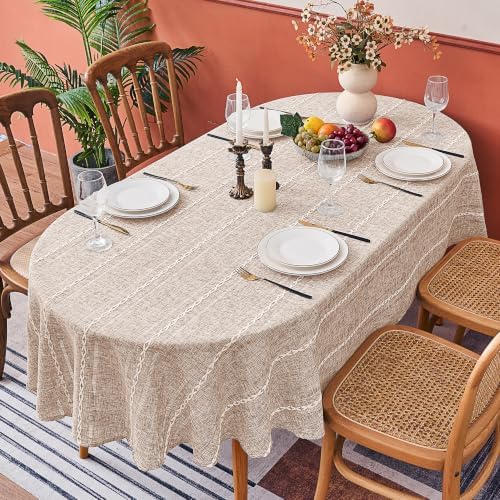 Light Coffee Farmhouse Striped Oval Tablecloth, 55×86 Inch Linen Cover