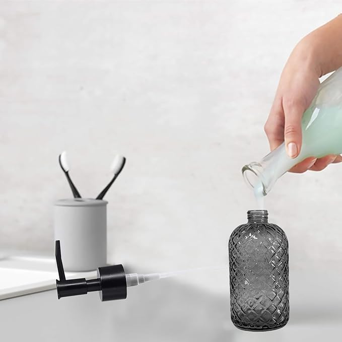 Grey Glass Soap Dispenser with Black Plastic Pump, 13.5oz Refillable Liquid - Image 3