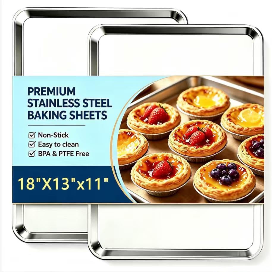 Baking Sheet Set of 2, Stainless Steel Cookie Sheets for Baking, 18 x