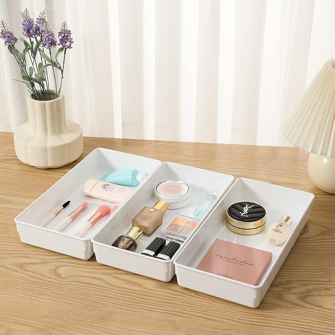 3 Pack White Plastic Drawer Organizer Tray Cutlery Utensil Makeups Drawer - Image 5
