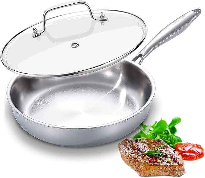 DELARLO Tri-Ply Stainless Steel Pan, 18/10 Frying Pan, Oven Safe Up to 600°F by DELARLOCOOKWARE