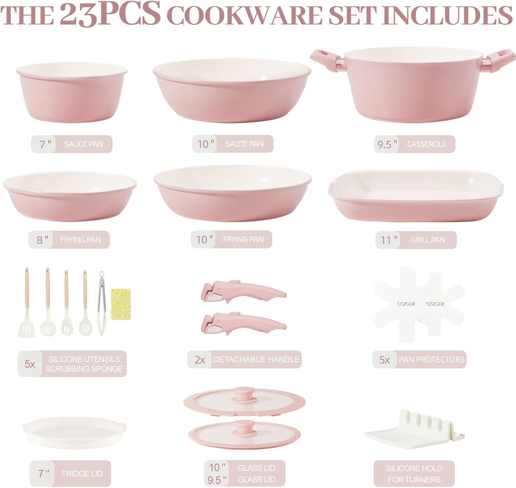 Ceramic Cookware Set Nonstick 23Pcs Pots and Pans Detachable Handle