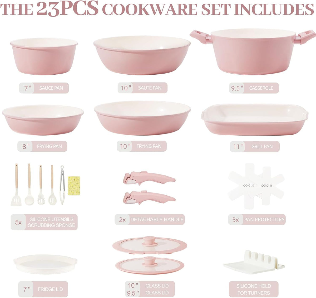 Ceramic Cookware Set Nonstick 23Pcs Pots and Pans Detachable Handle