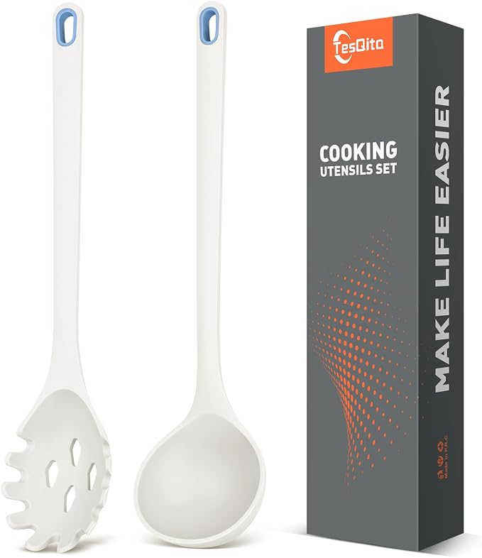 Silicone Spaghetti Spoon&Soup Ladle Cooking Utensils Set of 2, No Scratch by TesQita