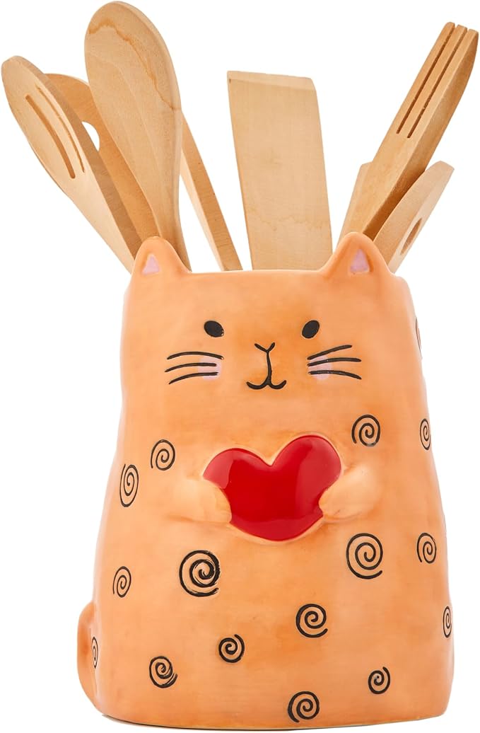Bico Cartoon Cat Handpainted Stoneware Orange 7.8 inch Utensil Holder, by Bico