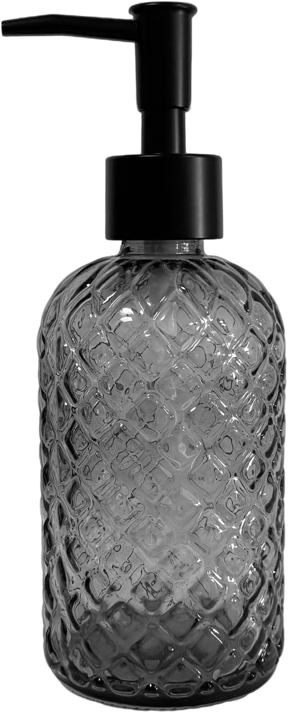 Grey Glass Soap Dispenser with Black Plastic Pump, 13.5oz Refillable Liquid by YYTSGG