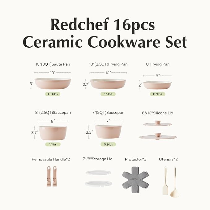 Redchef 16pcs Ceramic Pots and Pans Set Non Stick, Nonstick Kitchen Cookware Set - Image 9