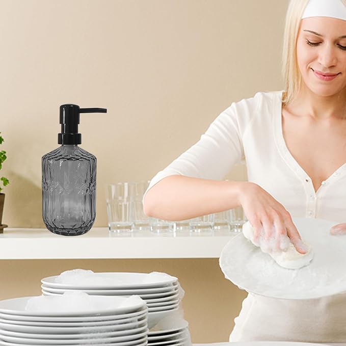 Grey Glass Soap Dispenser with Black Pump, 15oz Liquid Hand Dispenser, - Image 5