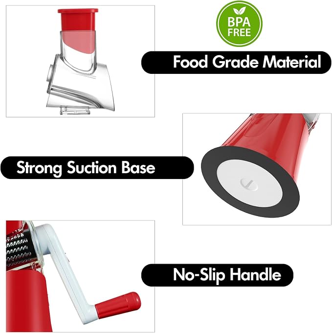 Rotary Cheese Grater Shredder, Speed Kitchen Manual Round Mandolin Slicer Safe - Image 7