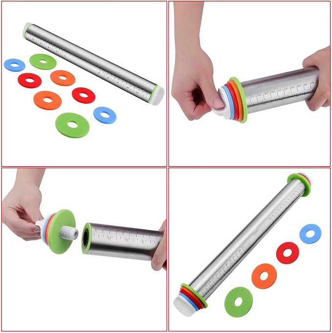 Stainless Steel Rolling Pin and Silicone Mat Set, Adjustable Thickness Rings - Image 3