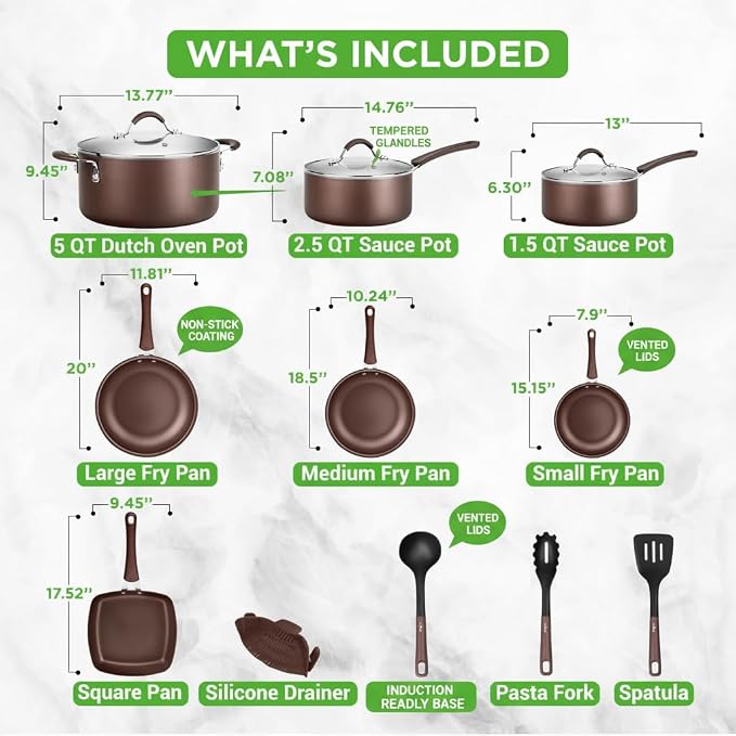 NutriChef 14-Piece Nonstick Brown Cookware Set - Image 3