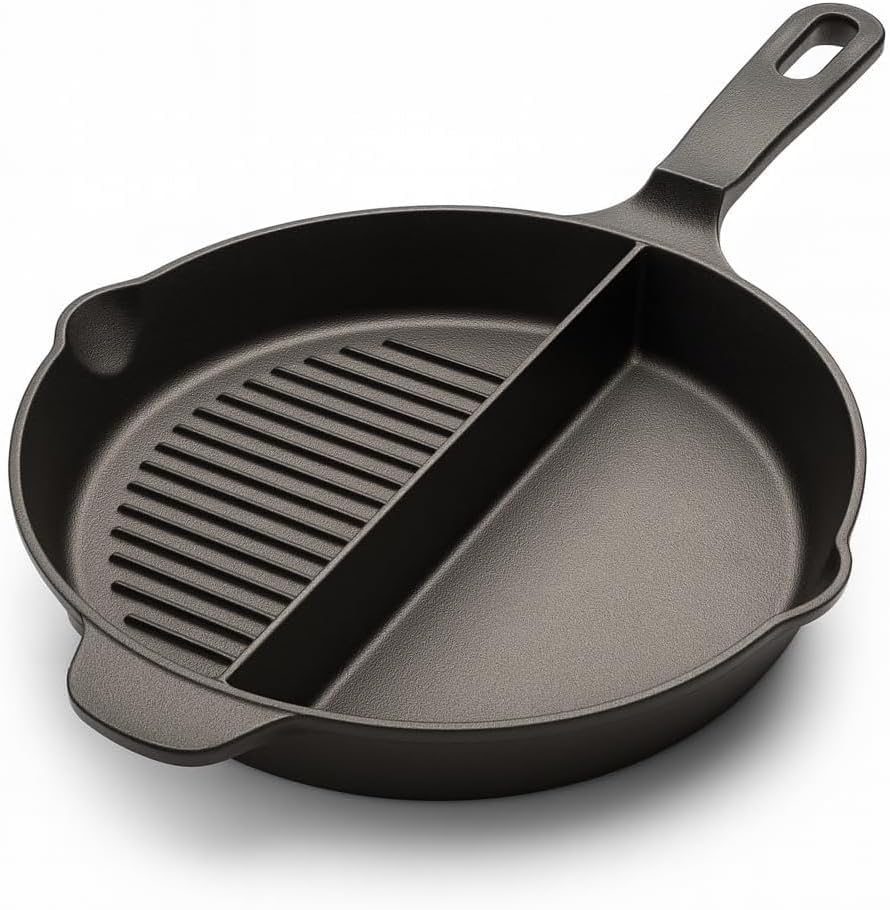 10 Inch Cast Iron Skillet-Breakfast Fry Pan-Divided 2 in 1 Half Grill-Eggs, Bacon, Steak-Heavy Duty Cast Iron Skillet