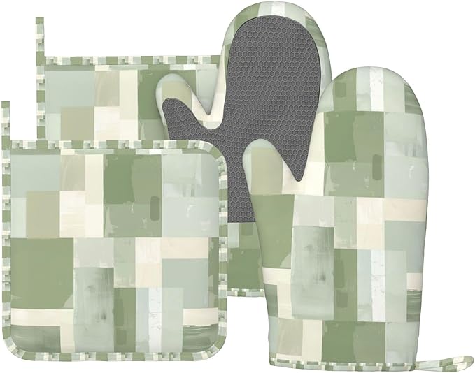 Oven Mitts and Pot Holders Set, Modern Art Pastel Green Geometric Silicone by DADABULIU