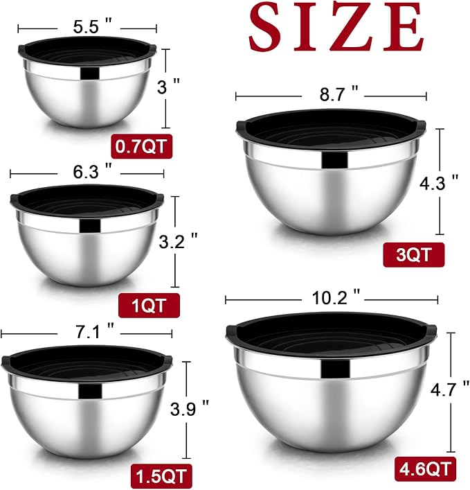 E-far Mixing Bowls with Lids Set of 5, Stainless Steel Black Mixing Bowls Metal - Image 7