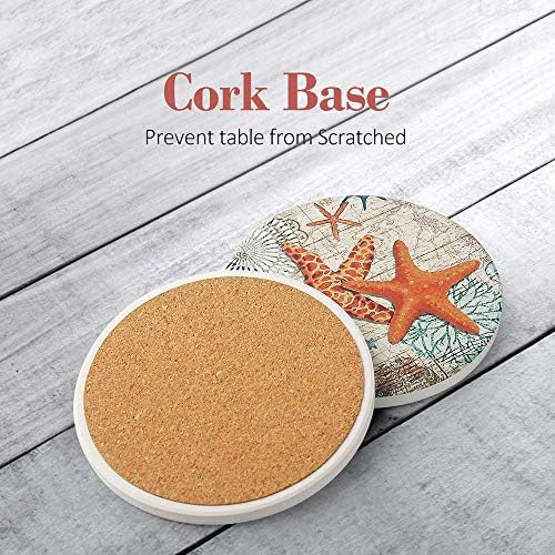 Teivio Absorbing Stone Sea Ocean Life Coasters for Drinks, Cork Base