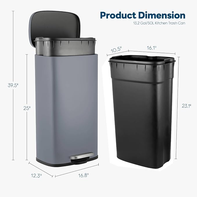 13.2 Gal Kitchen Trash Can, 50L Recycling or Garbage Bin, Brushed Stainless - Image 2