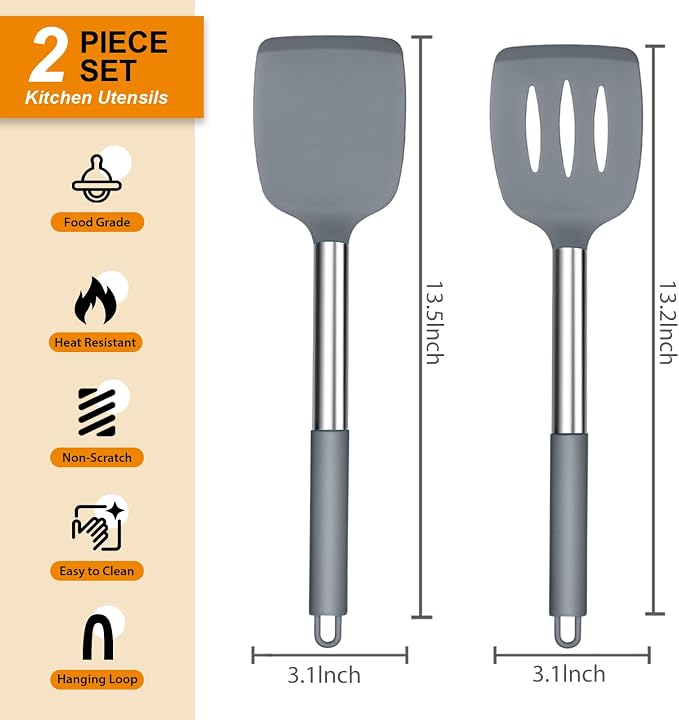 Silicone Spatula Set of 2, E-far Solid & Slotted Turner - Image 2