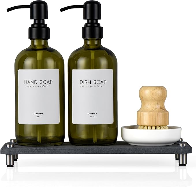 2 Pack Kitchen Soap Dispenser Set - 16oz Green Glass Dish and Hand Soap by BoundlessHomeInfiniteLiving