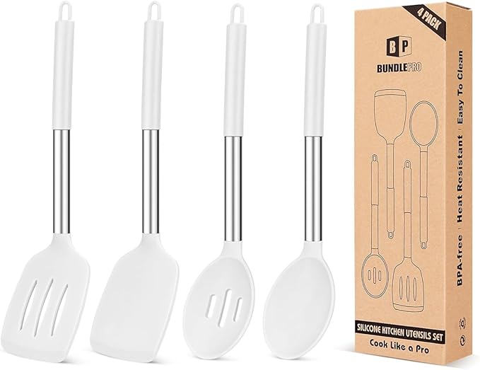 Pack of 4 Silicone Cooking Utensils Set, Non Stick Large Solid Spatulas by BUNDLEPRO