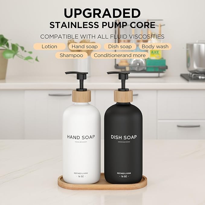 Hand and Dish Soap Dispenser Set, 16oz Glass Bottles - Image 3