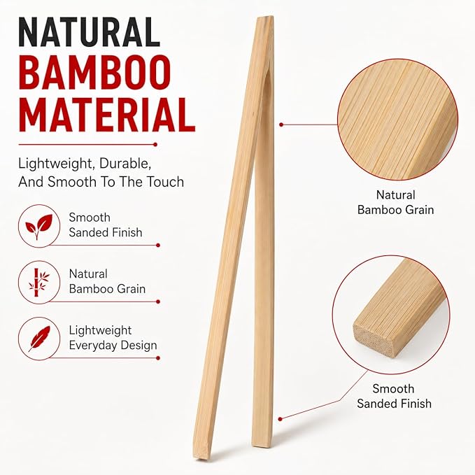 HIC Kitchen Toast Tong Set, Natural Bamboo, 4-Piece Set, Includes 2 Each 6.5 - Image 6