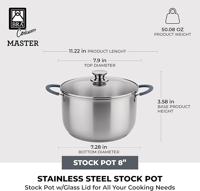 BRA COOKWARE Master Stainless Steel Stock Pot w/Glass Lid | 8 Inch 2.4 Quart - Image 2