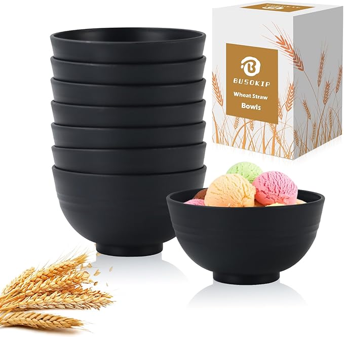 Black Wheat Straw Bowls, 10 OZ Unbreakable Snack Bowls Set of 8, Alternative by BUSOKIP