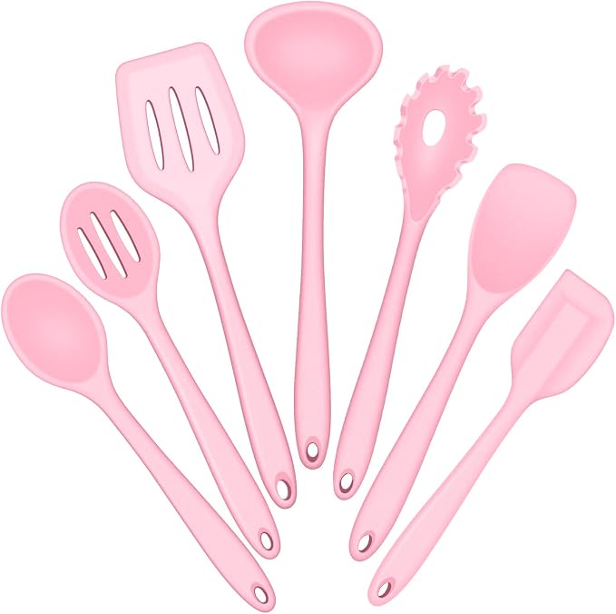 E-far Silicone Cooking Utensils Set, 7-Piece Pink Heat Resistant Kitchen by E-far