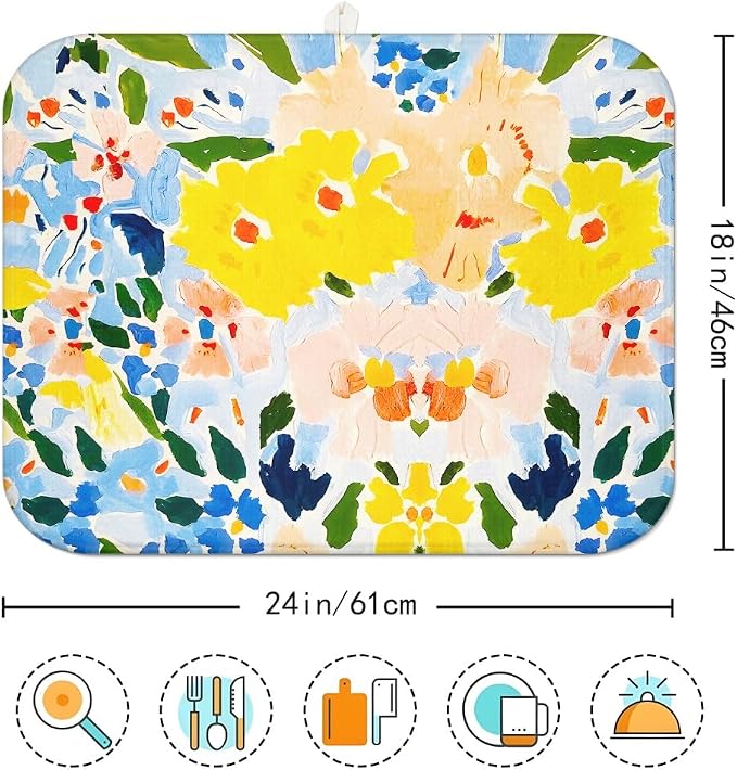 Blue and Yellow Floral Large Dish Drying Mats, Reversible Dish Drying Pads - Image 7