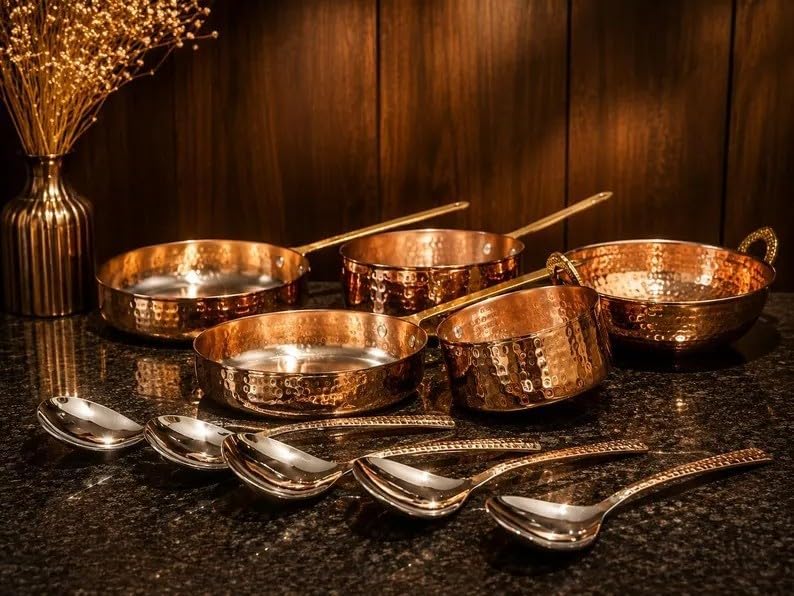 Hand Hammered Pure Copper Cookware Set with Serving Spoon
