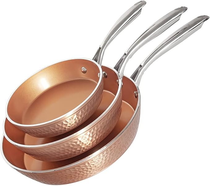 Gotham Steel Hammered Frying Pan Set, 3 Piece Nonstick Copper Fry Pans by GothamSteel