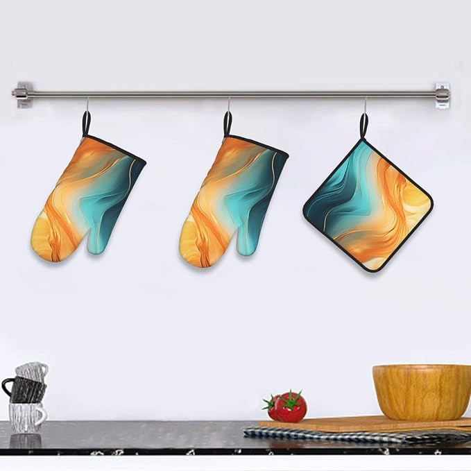 Orange Teal Marble Oven Mitts and Pot Holders Sets of 3 Kitchen Hot Pads Modern - Image 6