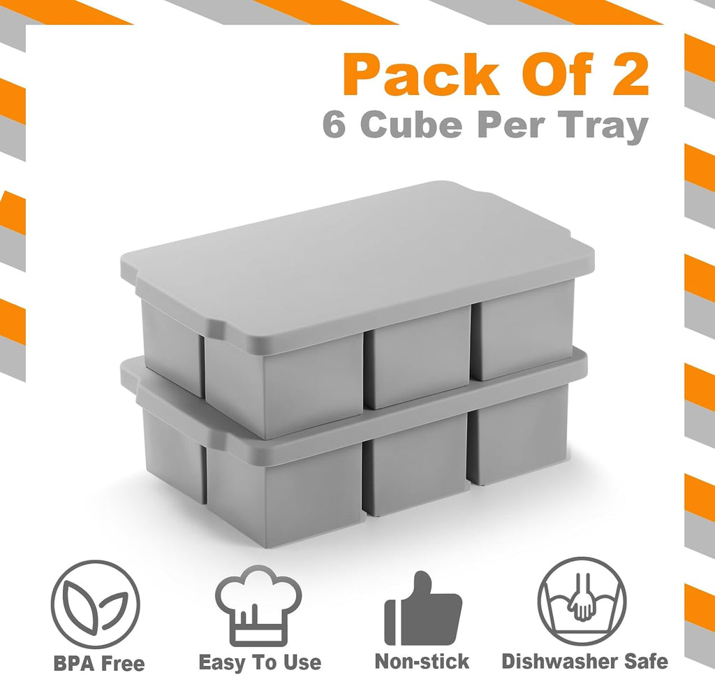 Large Ice Cube Molds Tray with Lid, Pack of 2, Stackable Big Silicone