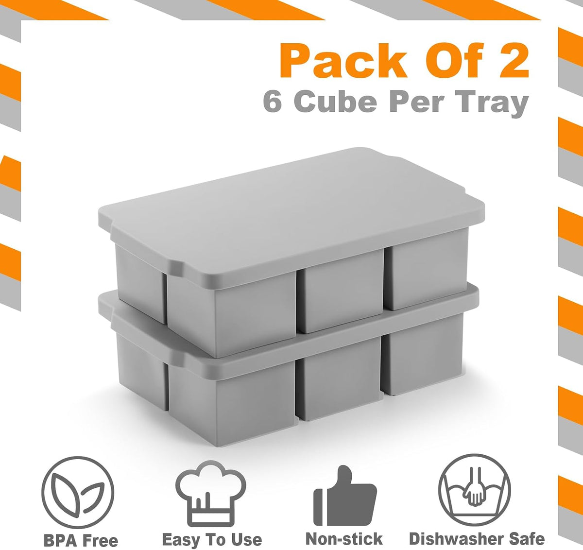 Large Ice Cube Molds Tray with Lid, Pack of 2, Stackable Big Silicone