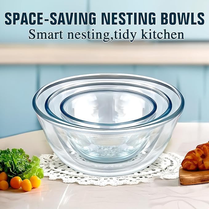 Glass Mixing Bowls with Lids Set,3-Piece Nesting