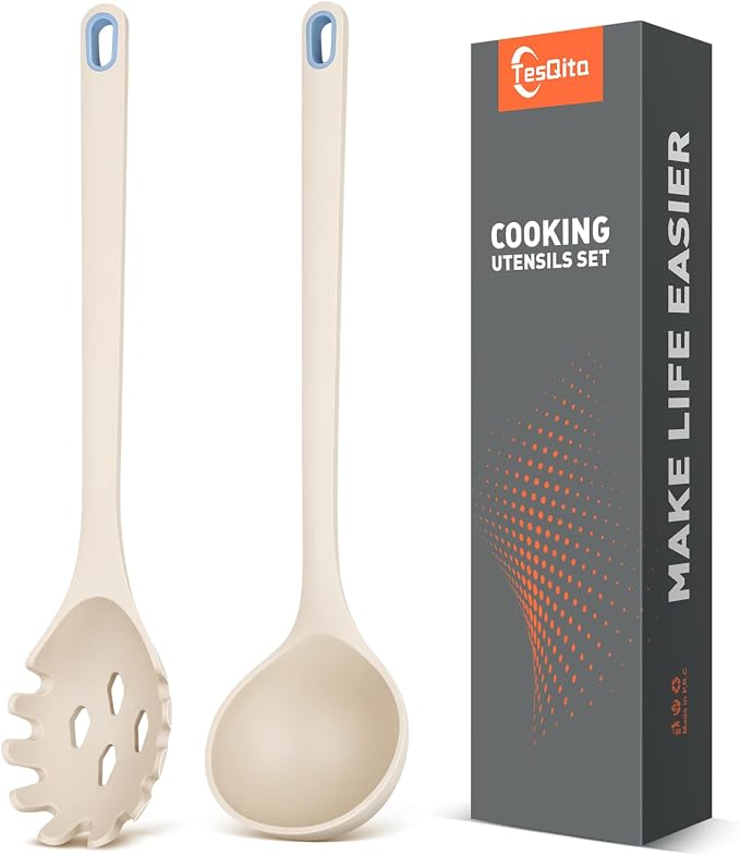 Silicone Spaghetti Spoon&Soup Ladle Cooking Utensils Set of 2, No Scratch by TesQita