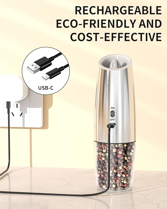 CIRCLE JOY Rechargeable Gravity Electric Salt and Pepper Grinder Set, Stainless - Image 3