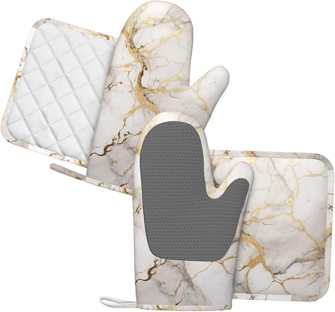 Oven Mitts and Pot Holders Marble Gray Gold White Silicone Kitchen Accessories - Image 2