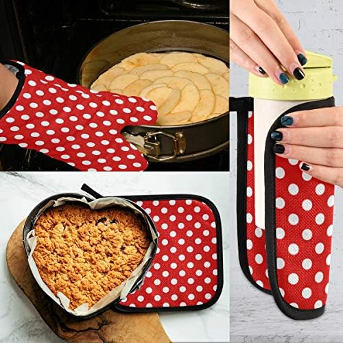 QMXO Geometric Texture Red Polka Dot Oven Mitts Quilted Cotton Lining