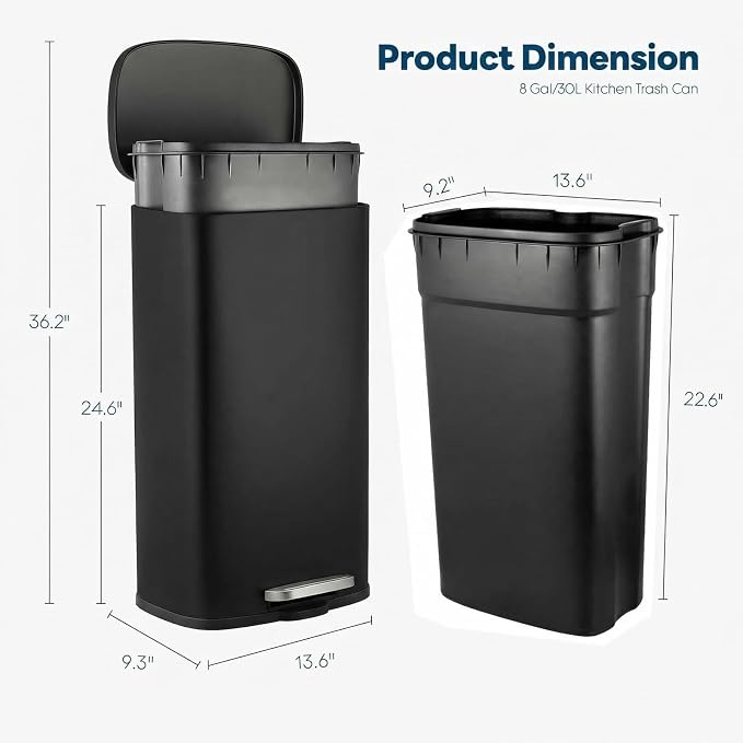 8 Gal Kitchen Trash Can, 30L Recycling or Garbage Bin, Brushed Stainless Steel - Image 2