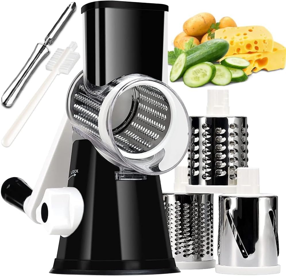 KEOUKE Rotary Cheese Grater, Black, 3 Stainless Steel Blades