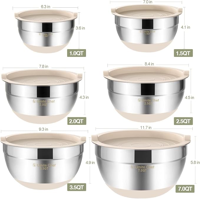 Umite Chef Mixing Bowls with Airtight Lids, 6 piece Stainless Steel Metal - Image 6