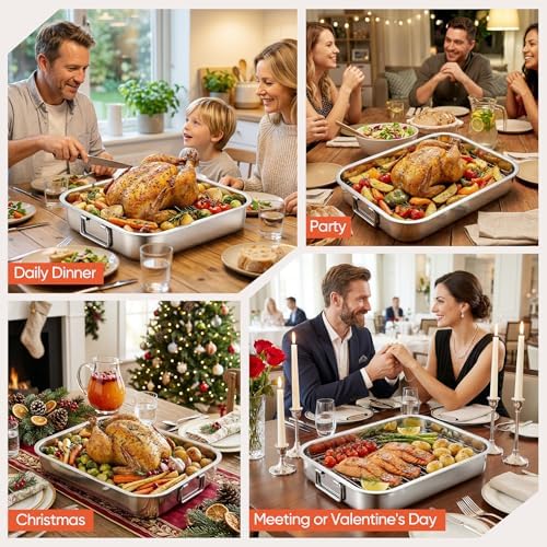 Roasting Pan with Rack,Nonstick Stainless Steel Turkey Roasting Baking Broiler Oven Pan Food Grade Roast Tray for Meat,Baking,Bread,Desserts,Snacks,Lasagna,etc (Medium)
