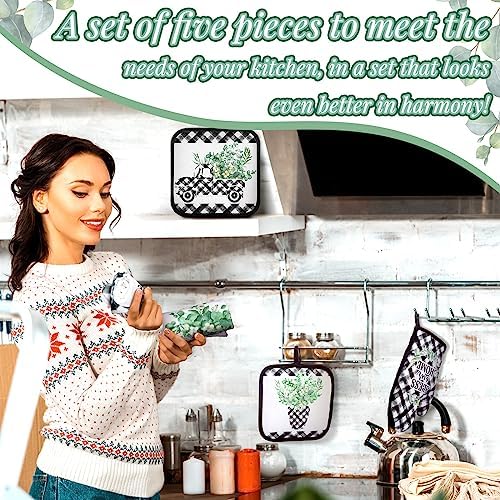 5 Pcs Buffalo Plaid Oven Mitts Pot Holders Dish Towels Set Including
