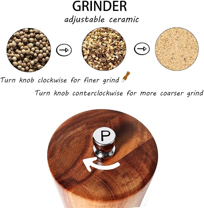 Wooden Salt and Pepper Grinders Set, 8 inch Acacia Wooden Salt and Pepper Mills - Image 2
