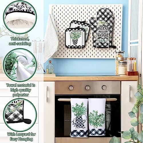 5 Pcs Buffalo Plaid Oven Mitts Pot Holders Dish Towels Set Including